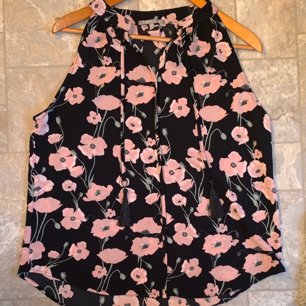 Lemon 🍋 Tart Elegant Floral Halter Blouse - Black and Pink
